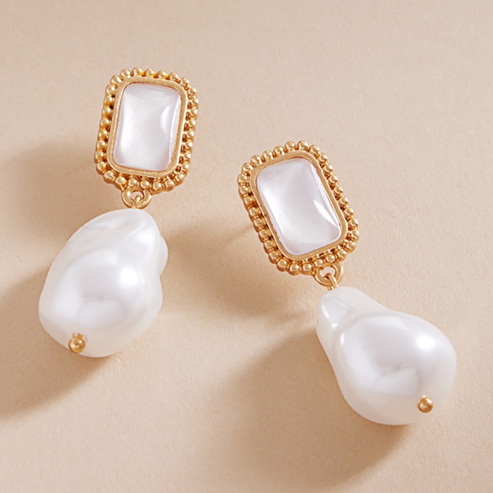 Geometric Gold & White Pearl Dangle Statement Earrings